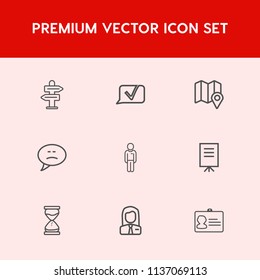 Modern, simple vector icon set on red background with sign, road, travel, id, talk, bubble, hour, message, businessman, people, name, document, speech, hourglass, job, web, time, choice, street icons