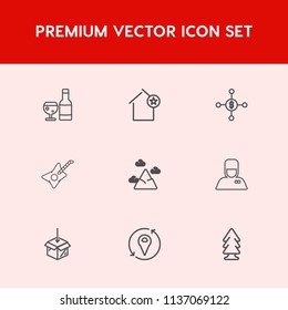 Modern, simple vector icon set on red background with web, winery, tree, environment, house, music, home, dollar, building, package, restaurant, guitar, uniform, white, mountain, money, red, sky icons