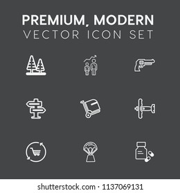 Modern, Simple Vector Icon Set On Dark Grey Background With Gun, Medicine, Pine, Doorknob, Growth, Landscape, Airplane, Pistol, Vitamin, Motivation, Balloon, Handgun, Weapon, Trunk, Wood, Shop Icons