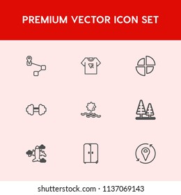 Modern, simple vector icon set on red background with fashion, marker, cupboard, poster, plane, interior, graph, pointer, tshirt, nature, location, furniture, landscape, gym, sign, map, workout icons