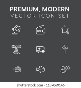 Modern, simple vector icon set on dark grey background with modern, communication, sign, radio, home, music, cash, technology, food, wallet, money, station, property, business, cooler icons