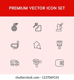 Modern, simple vector icon set on red background with danger, finance, fire, brush, camera, explosive, snorkel, cash, paintbrush, upstairs, left, communication, downstairs, explode, bus icons