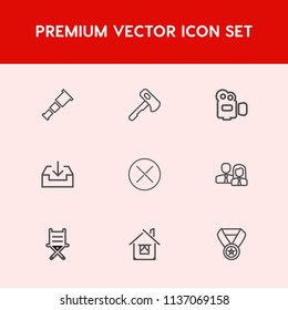 Modern, simple vector icon set on red background with saw, architecture, sky, chair, web, sign, star, furniture, armchair, tool, house, home, construction, space, hammer, science, business, work icons