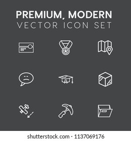 Modern, simple vector icon set on dark grey background with chat, university, speech, graduation, map, win, cassette, prize, location, folder, plane, award, plastic, sound, paper, equipment, pin icons