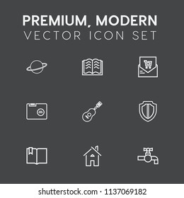 Modern, simple vector icon set on dark grey background with retail, paper, open, supermarket, bill, solar, security, sink, planet, education, shield, water, document, protection, sound, book icons