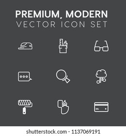 Modern, simple vector icon set on dark grey background with card, cloud, money, head, search, work, stationery, business, fire, internet, technology, lighter, table, debit, equipment, sign, find icons