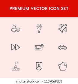 Modern, simple vector icon set on red background with castle, online, player, pin, kitchen, audio, drink, kettle, button, tea, flight, plane, airplane, bank, architecture, building, vehicle, map icons