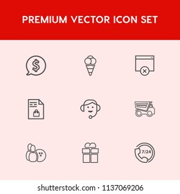 Modern, simple vector icon set on red background with help, bowling, call, pin, ice, giftbox, dump, vehicle, dessert, food, gift, scoop, tag, truck, page, summer, office, ball, label, notebook icons