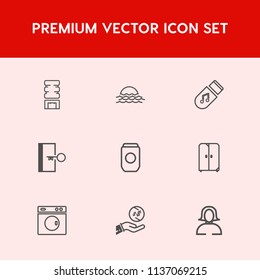 Modern, simple vector icon set on red background with morning, face, white, sky, summer, escape, sound, can, sign, sun, machine, drink, cabinet, metal, woman, cooler, dollar, finance, container icons
