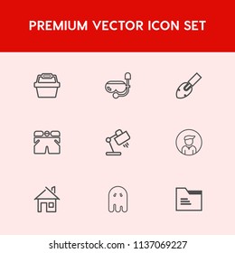 Modern, simple vector icon set on red background with hammer, equipment, office, fashion, folder, store, snorkeling, lamp, summer, halloween, architecture, underwater, food, wear, paper, snorkel icons