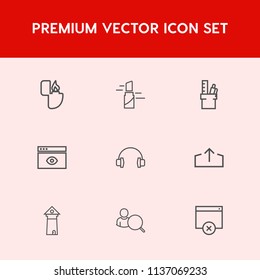 Modern, simple vector icon set on red background with smoke, fashion, stationery, web, office, object, gas, cigarette, landmark, lighter, female, beautiful, audio, light, tower, sound icons