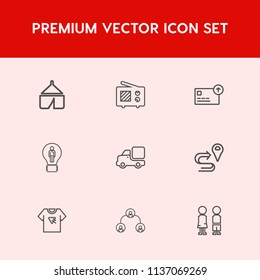 Modern, simple vector icon set on red background with typography, location, tshirt, route, road, structure, transportation, navigation, hierarchy, truck, technology, adventure, radio, map, print icons