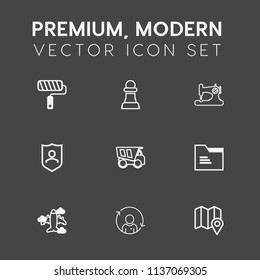 Modern, simple vector icon set on dark grey background with paper, plane, file, roller, security, brush, chessboard, aircraft, dumper, travel, sew, painter, fashion, sewing, machine, blank, roll icons