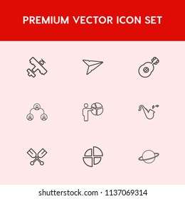 Modern, simple vector icon set on red background with musical, plane, presentation, pie, white, orbit, fly, guitar, astronomy, water, paddle, email, space, travel, company, concert, business icons