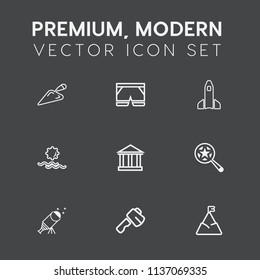Modern, simple vector icon set on dark grey background with mountain, blue, morning, night, fashion, sky, landscape, astronomy, shuttle, astronaut, orbit, sport, shorts, star, exploration, find icons