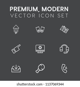 Modern, simple vector icon set on dark grey background with home, support, summer, web, fast, mobile, equipment, finger, cell, birdhouse, spring, object, meal, map, snack, location, wooden, box icons