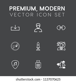 Modern, simple vector icon set on dark grey background with tobacco, male, aircraft, airplane, musical, fashion, vintage, gym, addiction, old, sign, boy, arrow, people, web, exercise, bag, white icons