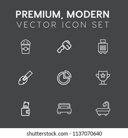 Modern, simple vector icon set on dark grey background with saw, repair, win, presentation, tool, travel, construction, coffee, shovel, drink, morning, bedroom, axe, graph, baggage, money, pie icons