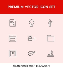 Modern, simple vector icon set on red background with paperwork, musical, arrow, white, aviation, tree, technology, forest, car, office, pine, road, guitar, helicopter, food, transport, vehicle icons