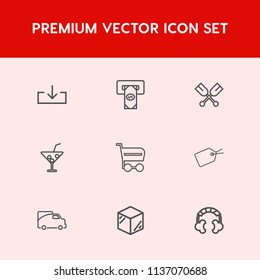 Modern, simple vector icon set on red background with juice, oar, paddle, music, machine, vehicle, traffic, drink, credit, arrow, cash, summer, sign, finance, website, atm, template, market, web icons
