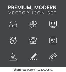 Modern, simple vector icon set on dark grey background with chart, optical, laptop, eyeglasses, sound, music, up, clock, timer, graph, write, pen, step, web, vision, mobile, pie, cell, telephone icons