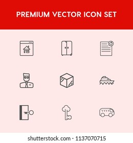 Modern, simple vector icon set on red background with key, box, vintage, cupboard, bus, user, internet, door, online, packaging, property, house, metal, highway, profile, left, computer, exit icons