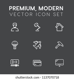 Modern, simple vector icon set on dark grey background with jump, video, parachute, interior, plastic, internet, fashion, illumination, light, airplane, casual, sky, construction, bulb, young icons