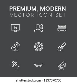 Modern, simple vector icon set on dark grey background with food, aircraft, bedroom, estate, personal, skateboard, marketing, skater, business, customer, nature, airplane, computer, vintage, buy icons