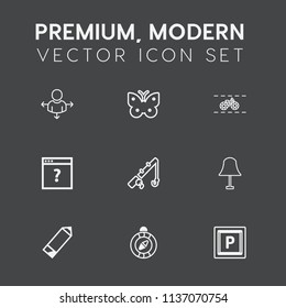 Modern, simple vector icon set on dark grey background with car, insect, page, fish, cycle, nature, reel, wing, bike, arrow, fly, summer, vehicle, travel, location, business, south, unknown, rod icons
