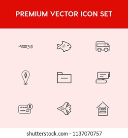Modern, simple vector icon set on red background with sea, highway, sport, store, bowling, balance, bank, folder, white, cart, airplane, hit, bowl, equipment, camera, strike, storage, record, tv icons