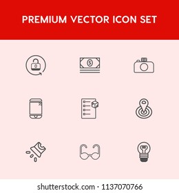 Modern, simple vector icon set on red background with sunglasses, location, lamp, protection, safety, glasses, finance, package, screen, padlock, electricity, bank, radius, cash, fashion, cell icons