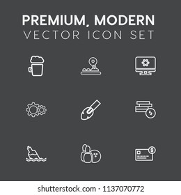 Modern, simple vector icon set on dark grey background with action, pin, lager, pub, water, shovel, computer, web, card, cash, construction, graphic, balance, business, sign, coin, bowling, bar icons