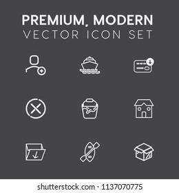 Modern, simple vector icon set on dark grey background with sign, rubbish, container, no, sack, oar, paddle, travel, money, water, finance, bucket, clean, currency, user, dollar, waste, speed icons