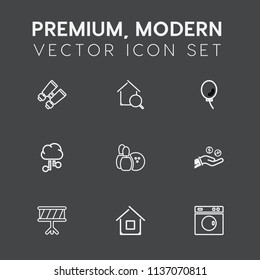 Modern, simple vector icon set on dark grey background with architecture, bowling, clean, washer, technology, business, building, balloon, party, white, laundry, communication, online, see, coin icons