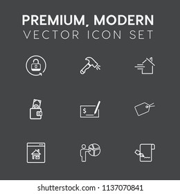 Modern, simple vector icon set on dark grey background with wallet, sale, money, screwdriver, people, check, open, tag, shovel, list, mortgage, business, pay, home, pen, property, tool, document icons