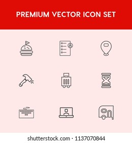 Modern, simple vector icon set on red background with car, video, business, sand, job, bread, equipment, baggage, internet, van, shovel, call, airport, luggage, sign, time, clock, interview, map icons