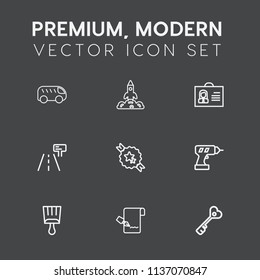 Modern, simple vector icon set on dark grey background with exploration, woman, document, hand, bus, white, paintbrush, rocket, spaceship, decorative, profile, move, paint, internet, sign, key icons