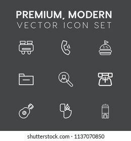 Modern, simple vector icon set on dark grey background with sandwich, fire, cellphone, search, call, phone, communication, smartphone, music, telephone, musical, hotel, lunch, glasses, equipment icons