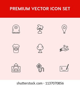 Modern, simple vector icon set on red background with mug, travel, castle, pay, drink, leaf, eye, coffee, environment, natural, pin, landscape, cute, map, plant, funny, cafe, tree, coin, finance icons