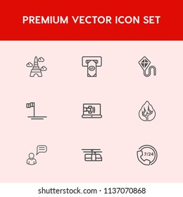 Modern, simple vector icon set on red background with eiffel, bank, blue, credit, service, environment, help, famous, cash, card, fun, baja, train, operator, ocean, tree, architecture, machine icons