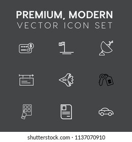 Modern, simple vector icon set on dark grey background with identity, balance, baja, business, cash, device, key, banner, jetliner, mobile, car, sea, payment, purchase, money, communication, jet icons