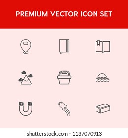Modern, simple vector icon set on red background with chain, textbook, landscape, spaceship, space, pointer, store, morning, business, sunrise, background, location, nature, material, click, pin icons