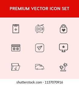 Modern, simple vector icon set on red background with stereo, electronic, garbage, electric, tuner, tv, traffic, box, palm, fashion, television, web, arrow, rubbish, message, nature, tape, sound icons