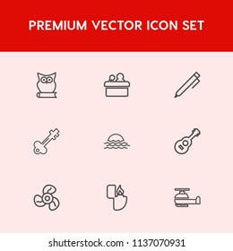 Modern, simple vector icon set on red background with flame, guitar, fan, air, lock, write, aviation, cigarette, cool, morning, transportation, sunrise, meeting, fire, conference, seminar, door icons
