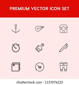 Modern, simple vector icon set on red background with travel, view, helm, nautical, trolley, building, write, sound, pencil, wheel, marine, equipment, concert, retail, vision, optical, musical icons