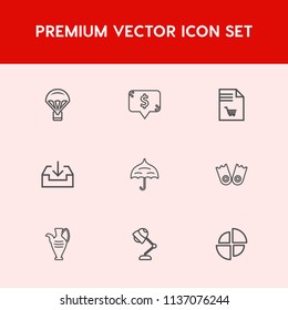 Modern, simple vector icon set on red background with label, sea, white, jump, pie, graph, light, parachute, protection, sky, price, download, skydiver, notebook, frame, umbrella, market, jug icons