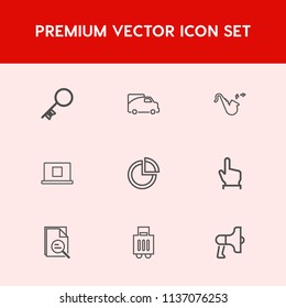 Modern, simple vector icon set on red background with right, jazz, finger, click, announcement, luggage, baggage, chart, bugle, megaphone, lock, zoom, safe, business, key, pie, travel, bag, car icons