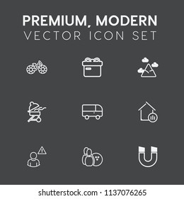 Modern, simple vector icon set on dark grey background with cooking, landscape, real, pedal, magnetic, transportation, field, sport, network, alarm, present, holiday, mountain, christmas, game icons