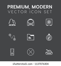Modern, simple vector icon set on dark grey background with trunk, safety, point, cold, plant, wood, technology, east, panzer, tank, sound, drink, security, close, tree, map, forest, cooler, war icons