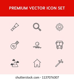 Modern, simple vector icon set on red background with house, universe, transportation, building, business, estate, music, wand, sunrise, magician, folk, road, watching, sky, nature, transport icons